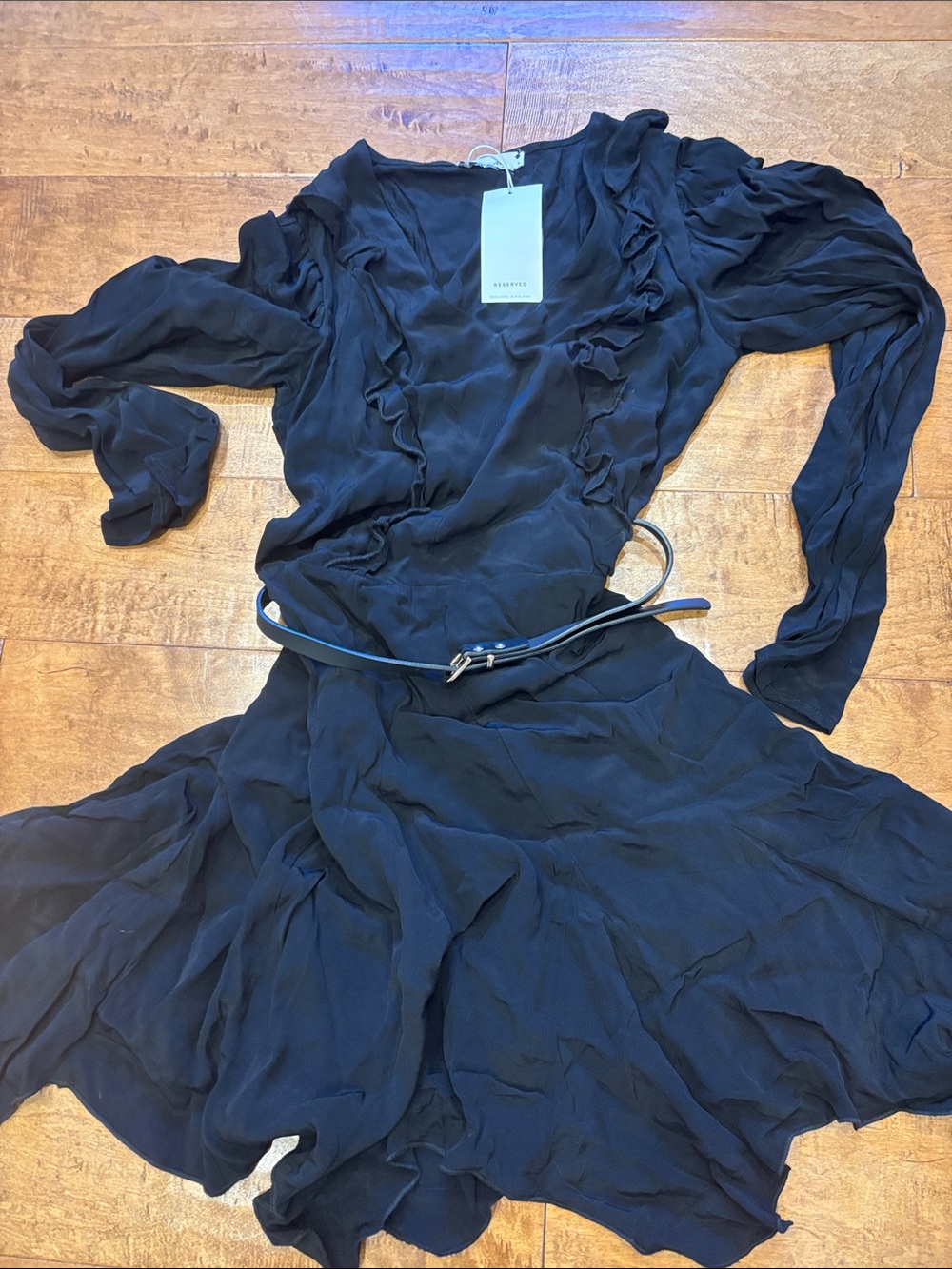 Reserved Elegantly Ruffled Black Women's Dress w/ Belt Sz Small NWT